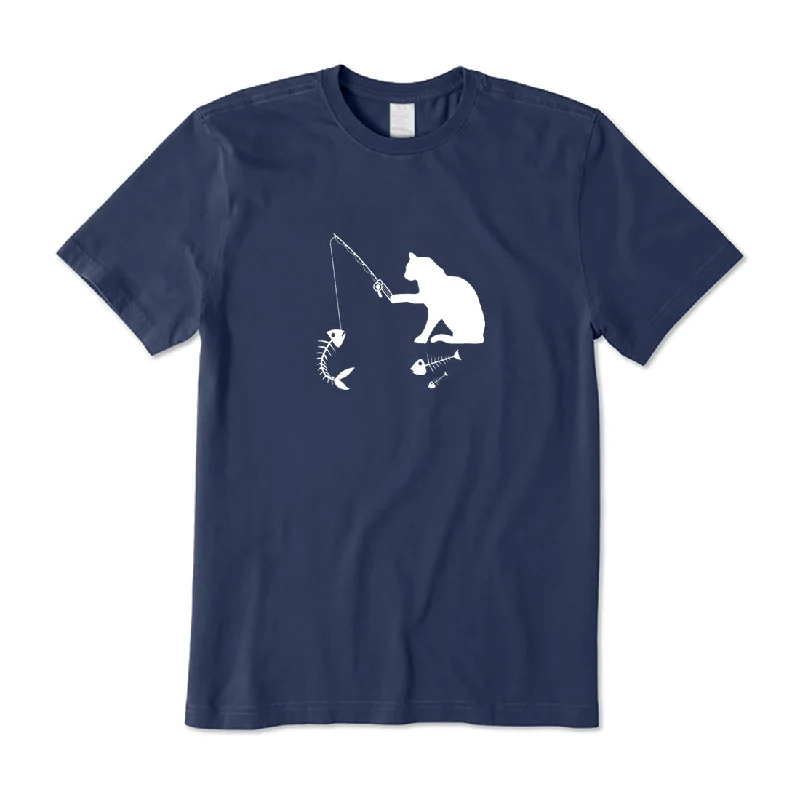 Cat Fishing T-Shirt Print Jacquard Patchwork