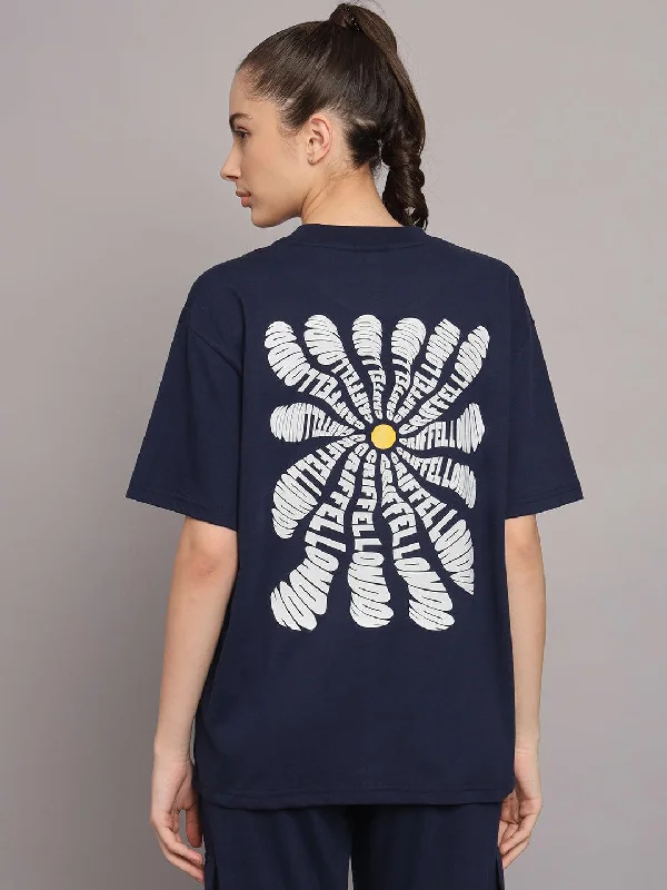 GRIFFEL Women Printed Loose fit Navy T-shirt Rayon Velvet Corduroy