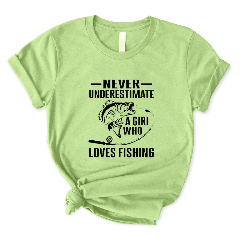 Never Underestimate A Girl Who Loves Fishing T-Shirt for Women Asymmetrical Pockets Print Never Underestimate A Girl Who Loves Fishing T-Shirt for Women Asymmetrical Pockets Print