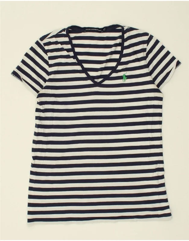 RALPH LAUREN Womens T-Shirt Top UK 8 Small Navy Blue Striped Cotton