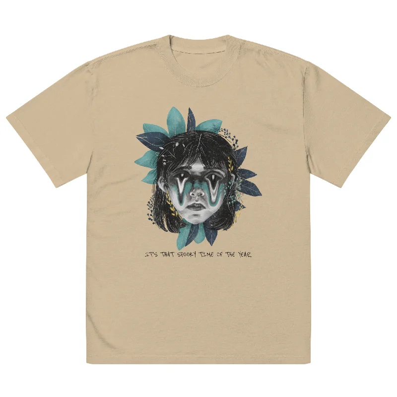 Women's Oversized Faded T-Shirt Relaxed Fit SPOOKY TIME Mesh Blend Leather Blend Suede Blend Women's Oversized Faded T-Shirt Relaxed Fit SPOOKY TIME Mesh Blend Leather Blend Suede Blend