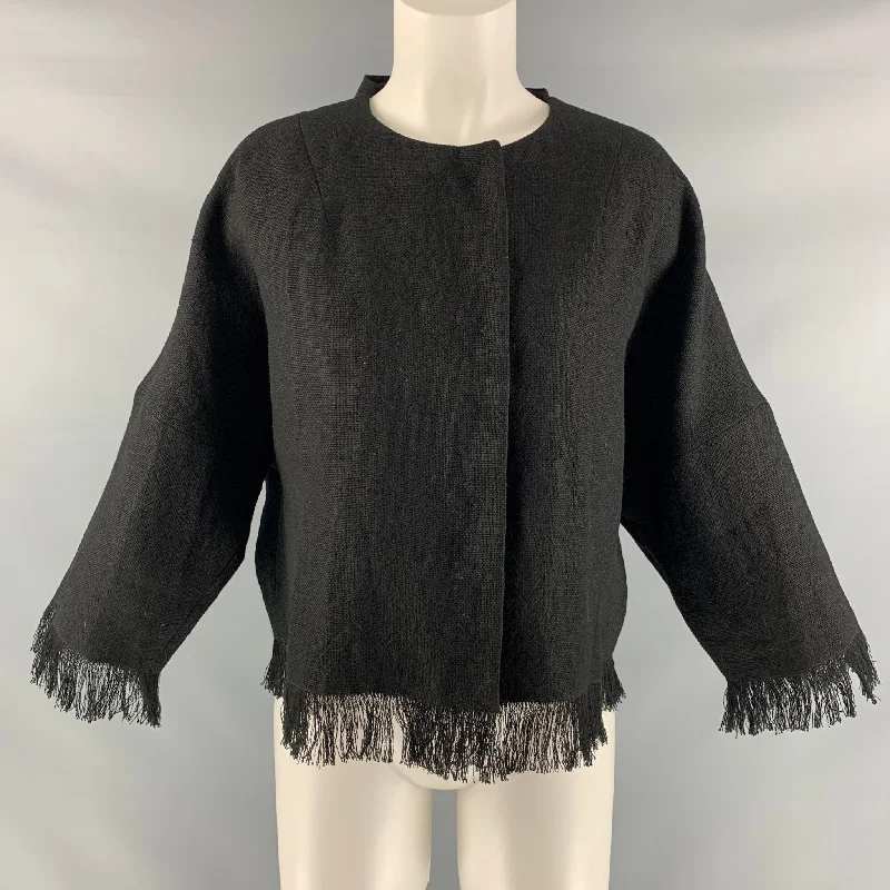 ANDREW GN Size 4 Black Linen Fringe Hidden Snaps Jacket