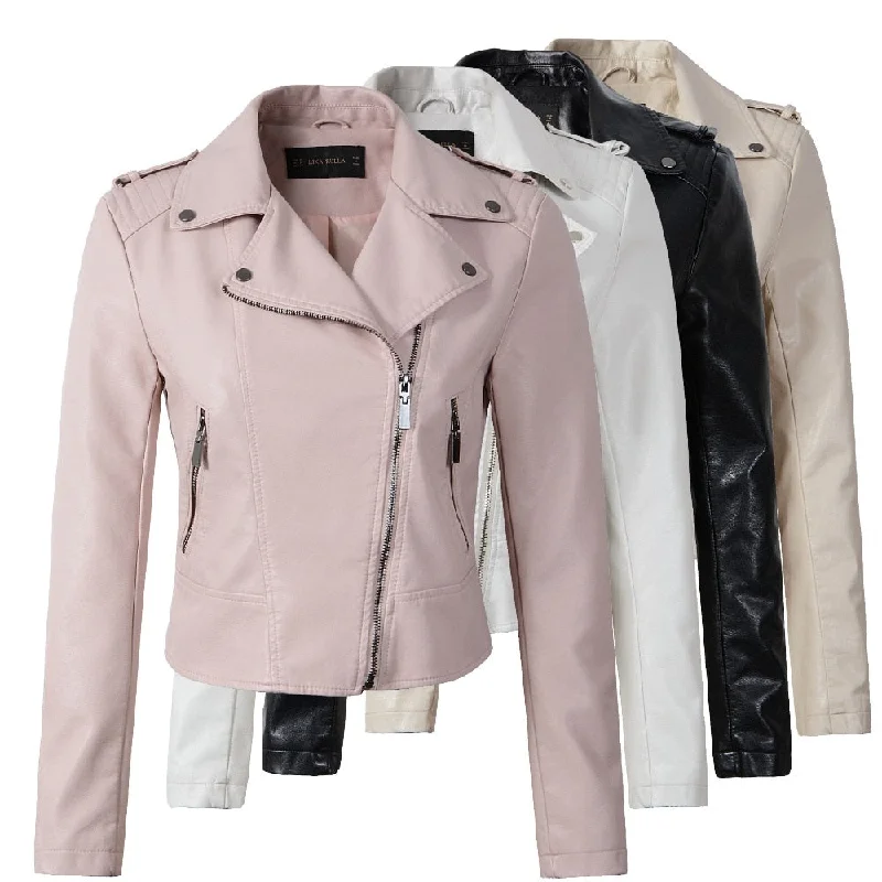 Brand Motorcycle PU Leather Jacket Women Winter And Autumn New Fashion Coat 4 Color Zipper Outerwear jacket New 2021 Coat HOT