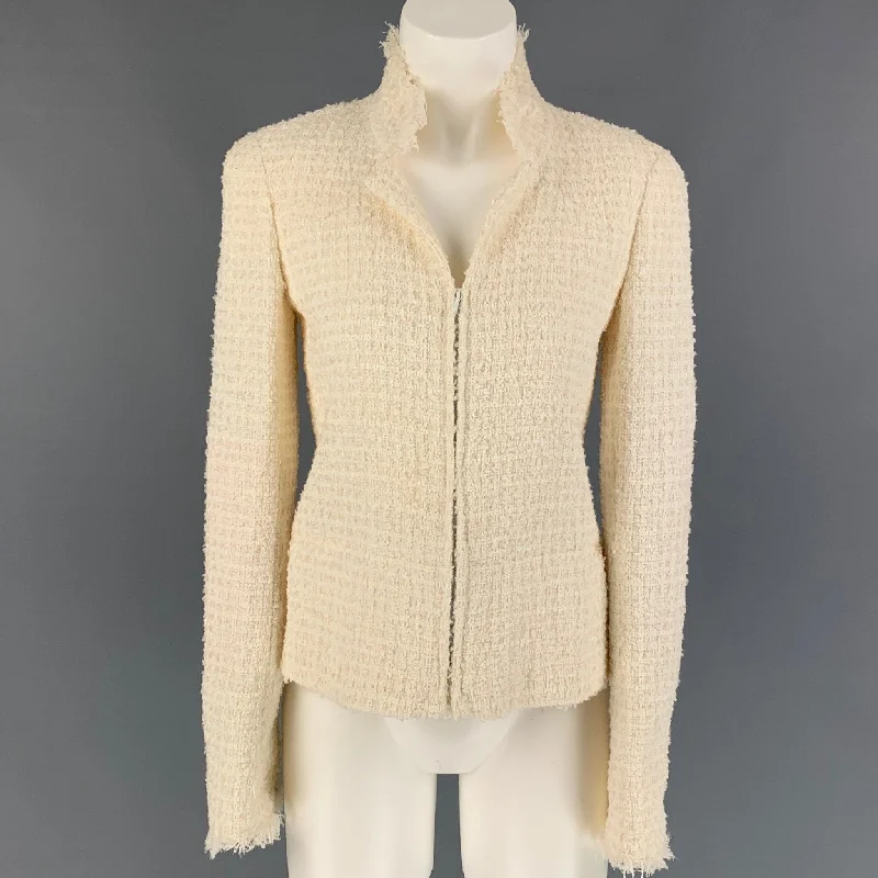 CHANEL 2004 Size 6 Cream Boucle Polyamide Bend Zip Up Jacket