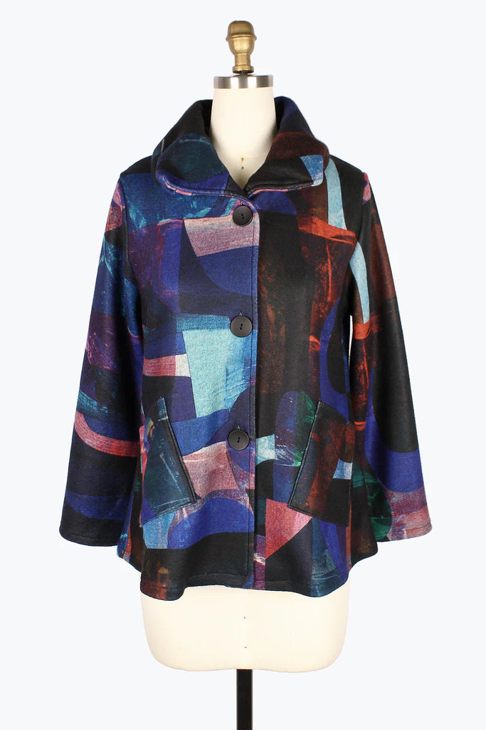 Damee Abstract Painting Puffy Collaar Jacket 4911-BLU Satin Jacket Silk Jacket Chiffon Jacket Damee Abstract Painting Puffy Collaar Jacket 4911-BLU Satin Jacket Silk Jacket Chiffon Jacket