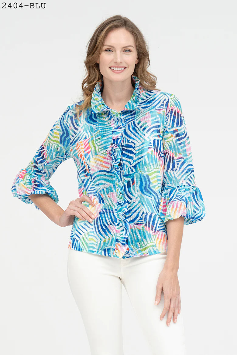 Damee Aquatic Wavy Stripe Ruffle Jacket 2404-BLU Nylon Jacket Polyester Jacket Spandex Jacket Damee Aquatic Wavy Stripe Ruffle Jacket 2404-BLU Nylon Jacket Polyester Jacket Spandex Jacket