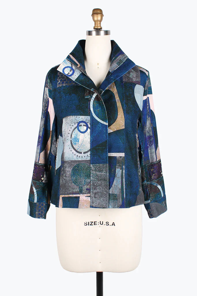 Damee Multi pattern Biker Jacket 4852-Blue Zippered Front Buttoned Front Snap Front Damee Multi pattern Biker Jacket 4852-Blue Zippered Front Buttoned Front Snap Front