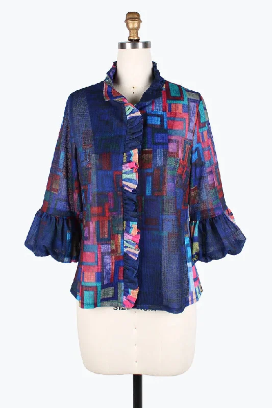 Damee Rainbow Squares Ruffle Jacket 2393-MLT Knit Jacket Woven Jacket Fleece Jacket Damee Rainbow Squares Ruffle Jacket 2393-MLT Knit Jacket Woven Jacket Fleece Jacket