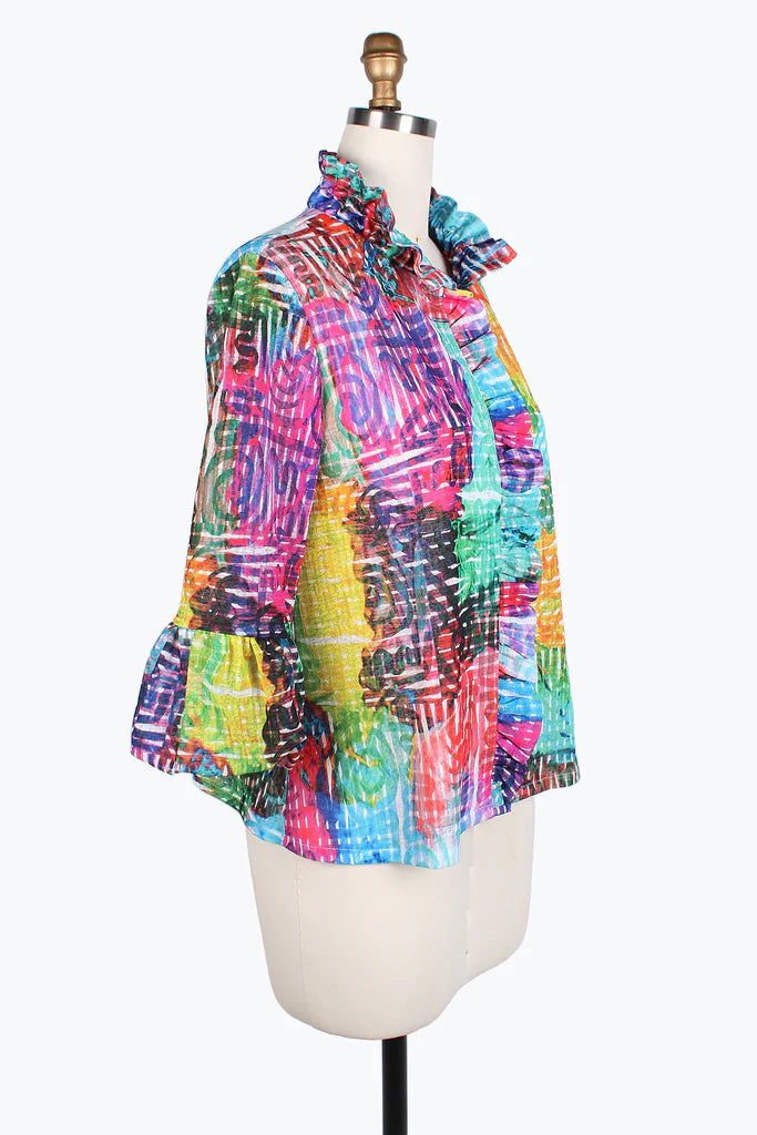 Damee Ruffle & Puffy Sleeve short jacket 4804-Multi Cotton Fabric Linen Fabric Terry Fabric Damee Ruffle & Puffy Sleeve short jacket 4804-Multi Cotton Fabric Linen Fabric Terry Fabric