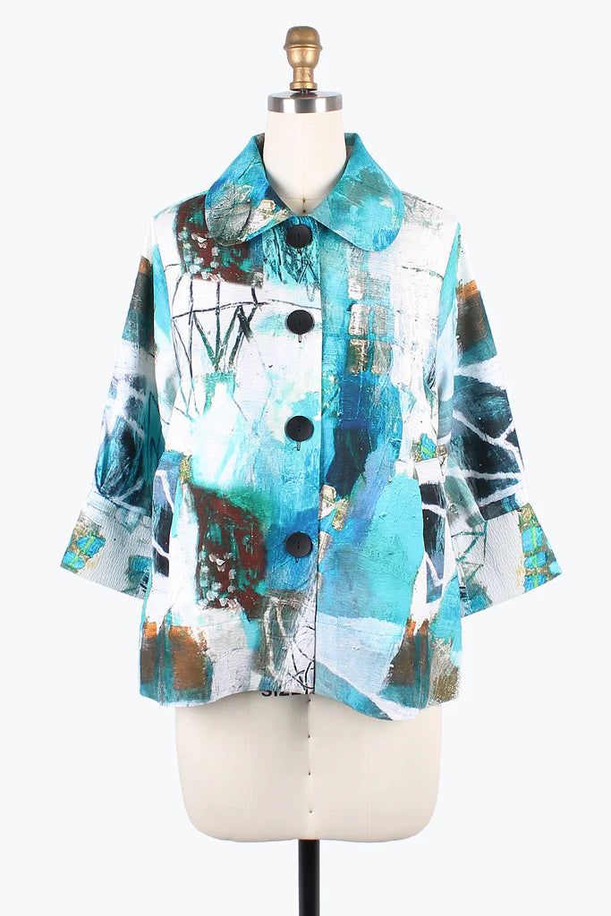 DameeOil Painting Wide Bal Collar Jacket 4877-TURQ Boat Neck Shawl Collar Notched Collar DameeOil Painting Wide Bal Collar Jacket 4877-TURQ Boat Neck Shawl Collar Notched Collar