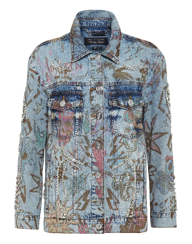 Denim Jacket Oversize Tattoo Monogram with Crystals Print Jacket Jacquard Jacket Embroidered Jacket Denim Jacket Oversize Tattoo Monogram with Crystals Print Jacket Jacquard Jacket Embroidered Jacket