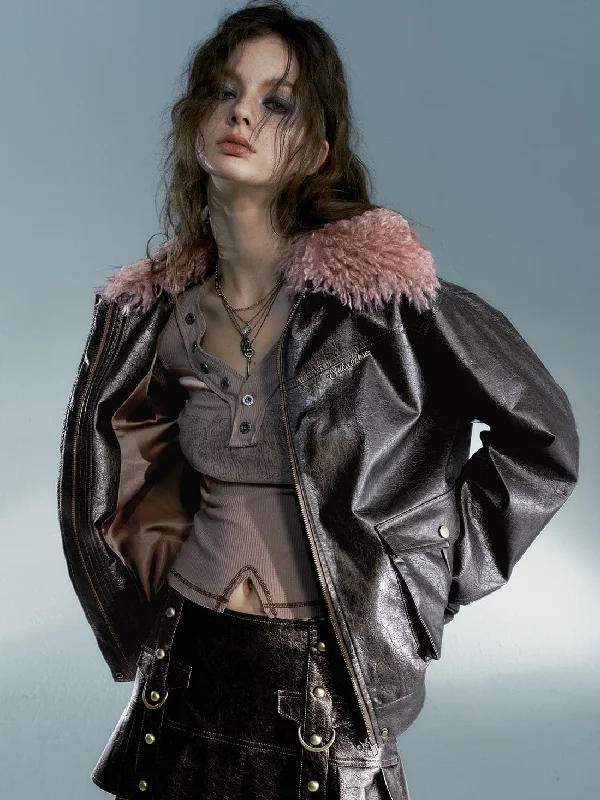 Detachable Plush Collar Leather Jacket