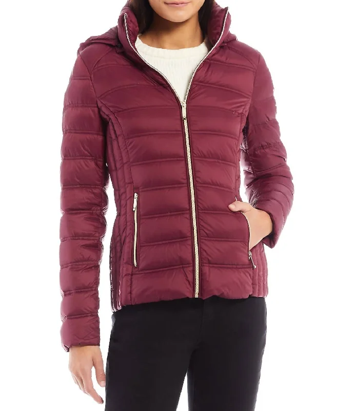 Down Packable Jacket Coat With Removable Hood In Dark Ruby Cotton Fabric Linen Fabric Terry Fabric Down Packable Jacket Coat With Removable Hood In Dark Ruby Cotton Fabric Linen Fabric Terry Fabric