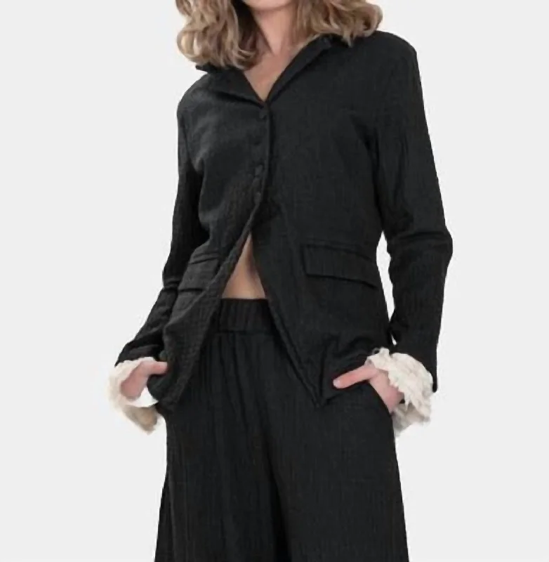 Embossed Jacket With Ruffles In Black Herringbone Jacket Checkered Jacket Solid Jacket Embossed Jacket With Ruffles In Black Herringbone Jacket Checkered Jacket Solid Jacket