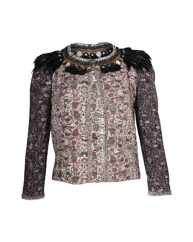 Isabel Marant Feather Embellished Printed Jacket in Multicolor Cotton Denim Jacket Leather Jacket Suede Jacket