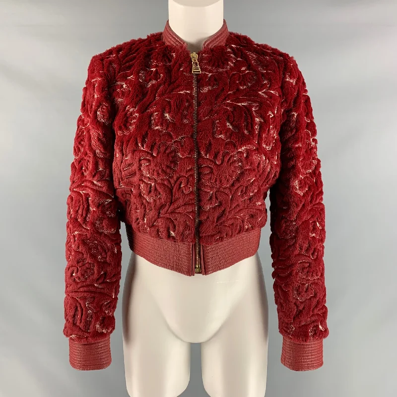 LA PERLA Size 2 Red &  White Polyester & Cotton Embroidered Bomber Jacket