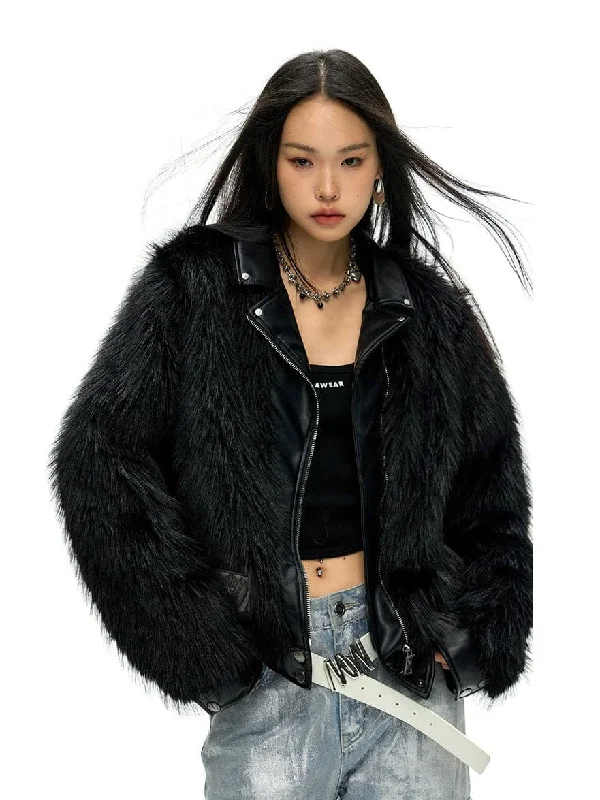 Leather Lapel Long Hair Eco-Friendly Fur Jacket