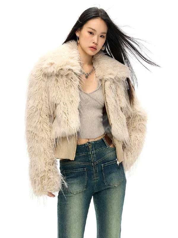 Long Furred Lapel Eco-Friendly Fur Jacket