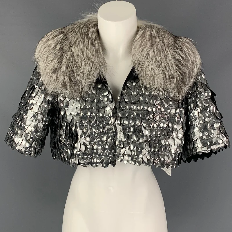 MARC JACOBS Size 6 Silver & Black Wool Blend Fox Fur Collar Cropped Jacket