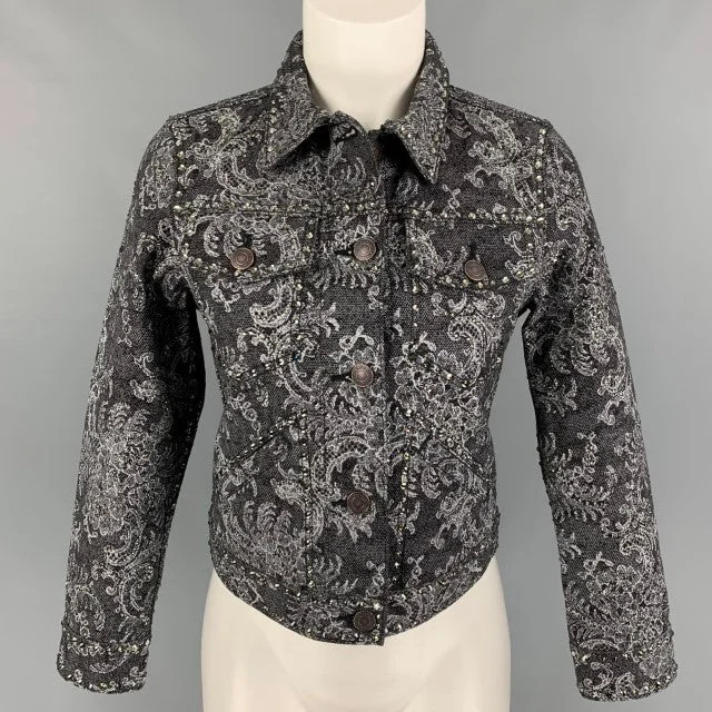 MARC JACOBS Size S Black White Denim Lace Crystal Embellishments Cropped Jacket