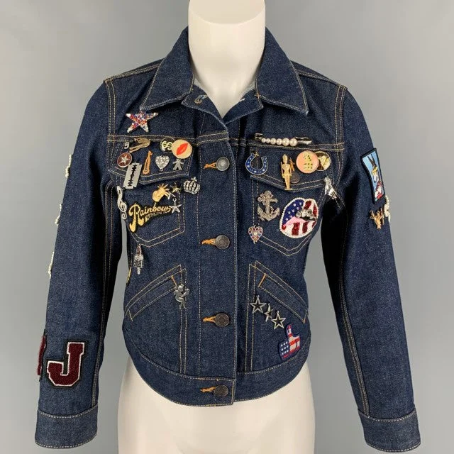 MARC JACOBS Size S Indigo Denim Contrast Stitch Pin Charms Sequin Mermaid Jacket