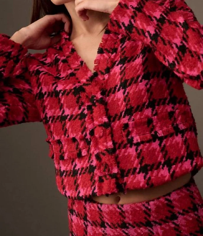 Material Girl Houndstooth Tweed Jacket In Ruby Red Print Jacket Jacquard Jacket Patchwork Jacket Material Girl Houndstooth Tweed Jacket In Ruby Red Print Jacket Jacquard Jacket Patchwork Jacket