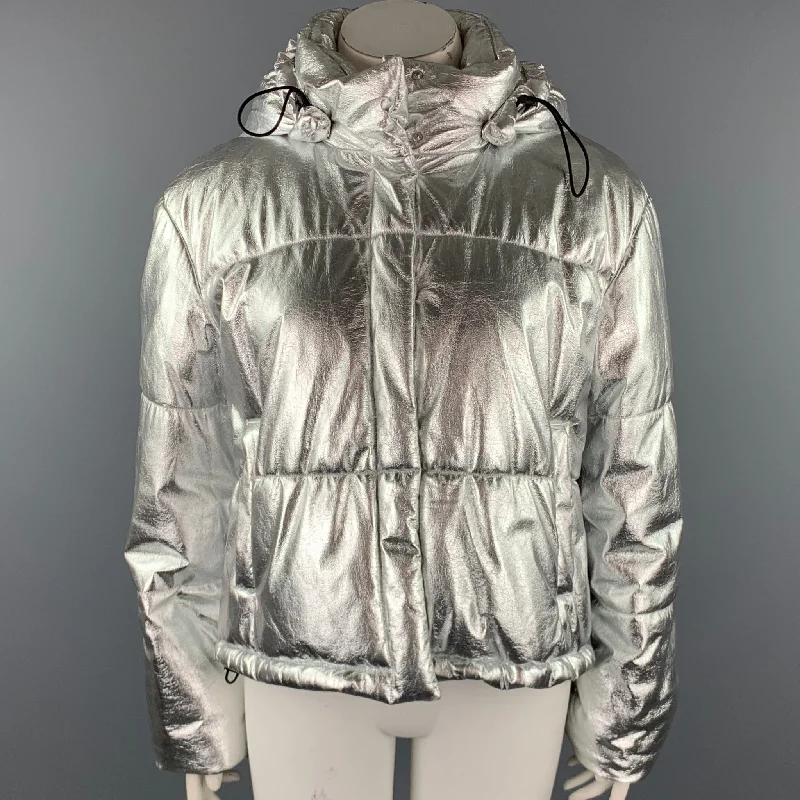 MSGM Size XL Silver Polyester Snap Button Hooded Jacket