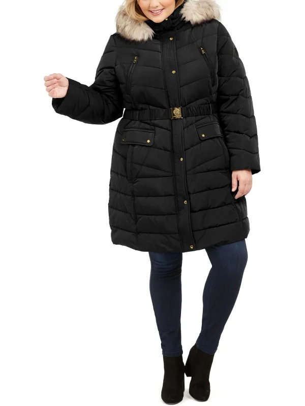 Plus Womens Warm Midi Puffer Jacket Welt Pockets Slit Pockets Flap Pockets