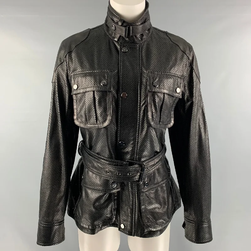 RALPH LAUREN Size 6 Black Perforated Lamb Leather Safari Jacket