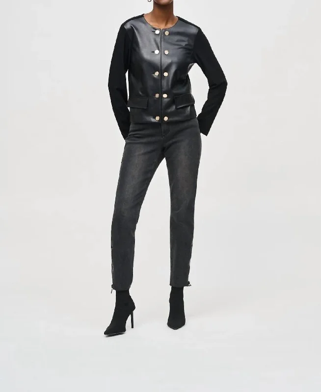Silky Knit & Faux Leather Jacket In Black Nylon Fabric Polyester Fabric Spandex Fabric Silky Knit & Faux Leather Jacket In Black Nylon Fabric Polyester Fabric Spandex Fabric