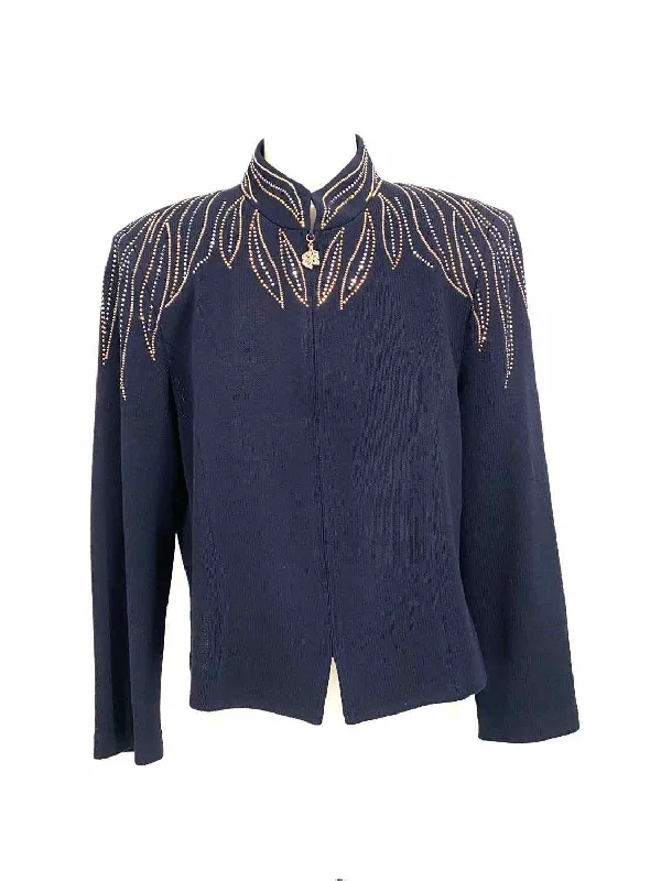 ST. JOHN EVENING Women's Navy Mock Neck Embellished Size 10 Jacket