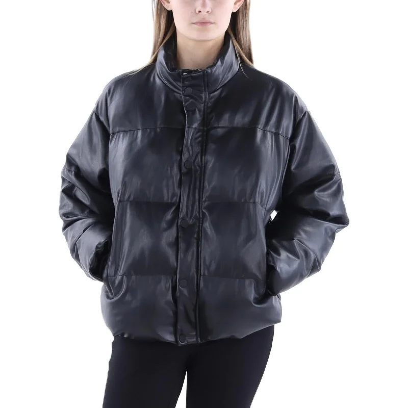 Womens Faux Leather Mock Neck Puffer Jacket Front Pockets Side Pockets Patch Pockets Womens Faux Leather Mock Neck Puffer Jacket Front Pockets Side Pockets Patch Pockets