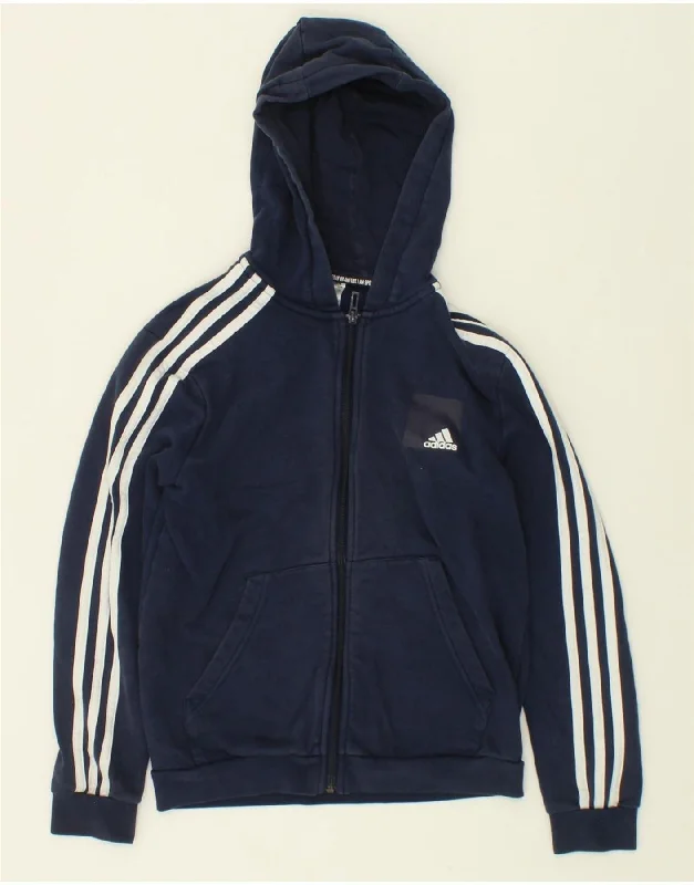 ADIDAS Boys Zip Hoodie Sweater 11-12 Years Navy Blue Cotton