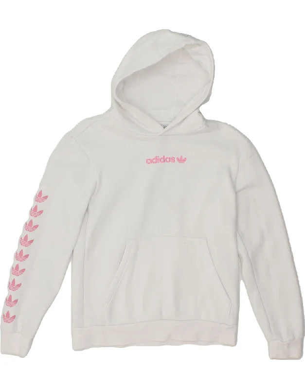 ADIDAS Girls Graphic Hoodie Jumper 11-12 Years White Cotton Hoodie with Hem Patch Decorative Personalized ADIDAS Girls Graphic Hoodie Jumper 11-12 Years White Cotton Hoodie with Hem Patch Decorative Personalized