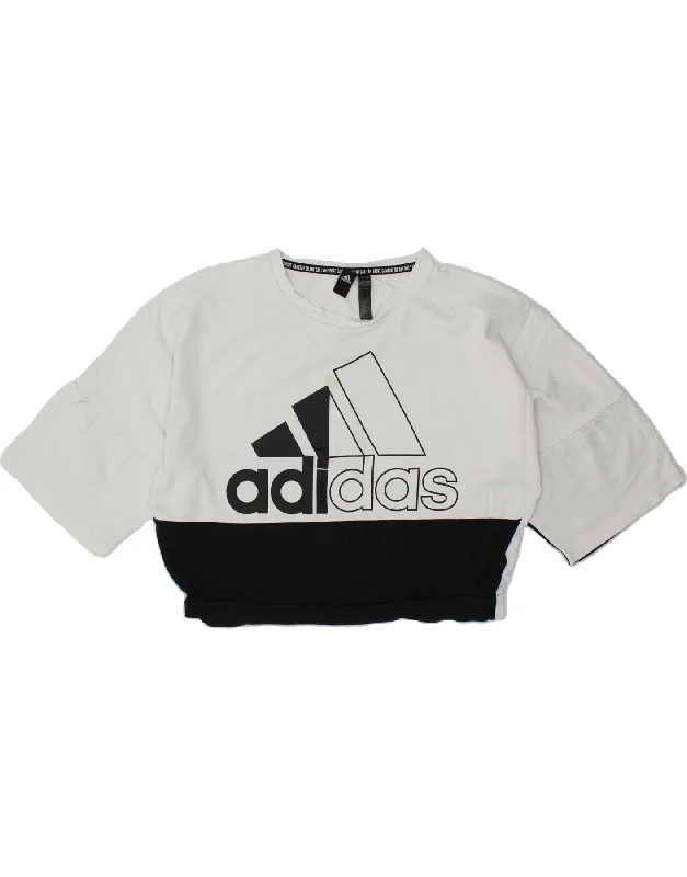 ADIDAS Womens Graphic Short Sleeve Sweatshirt Jumper UK 12/14 Medium White Hoodie with Strings Custom Fit Adjustable ADIDAS Womens Graphic Short Sleeve Sweatshirt Jumper UK 12/14 Medium White Hoodie with Strings Custom Fit Adjustable