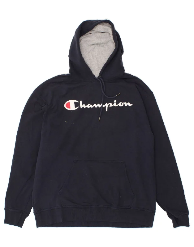 CHAMPION Mens Graphic Hoodie Jumper XL Navy Blue Cotton Hoodie with Batwing Sleeves Loose Dramatic CHAMPION Mens Graphic Hoodie Jumper XL Navy Blue Cotton Hoodie with Batwing Sleeves Loose Dramatic