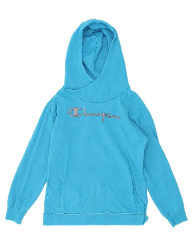 CHAMPION Womens Graphic Hoodie Jumper UK 16 Large Blue Cotton