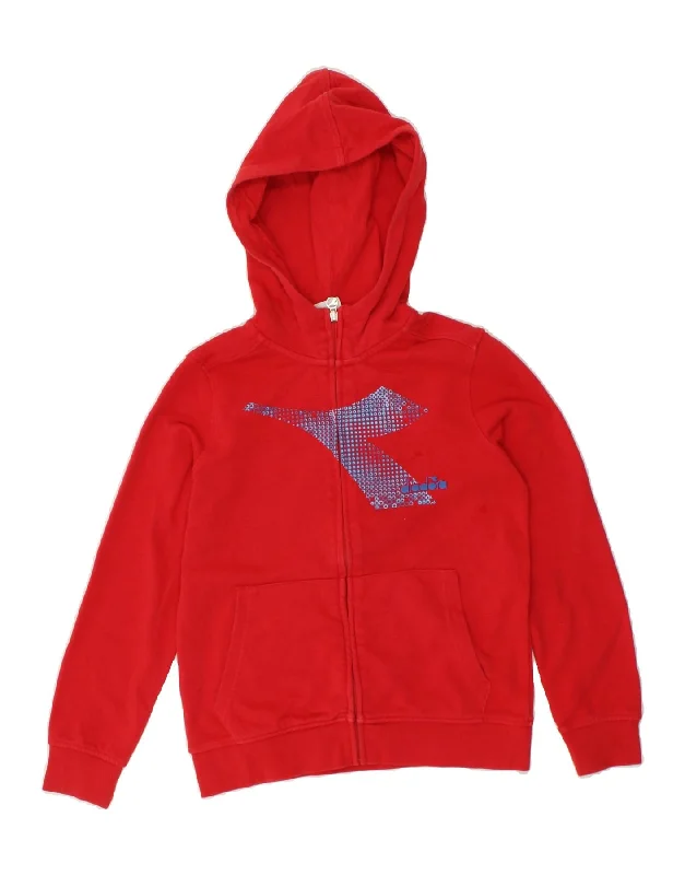 DIADORA Boys Graphic Zip Hoodie Sweater 11-12 Years Large Red Cotton