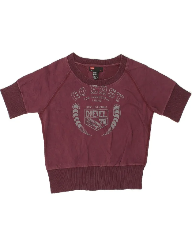 DIESEL Womens Graphic Short Sleeve Sweatshirt Jumper UK 14 Large Maroon