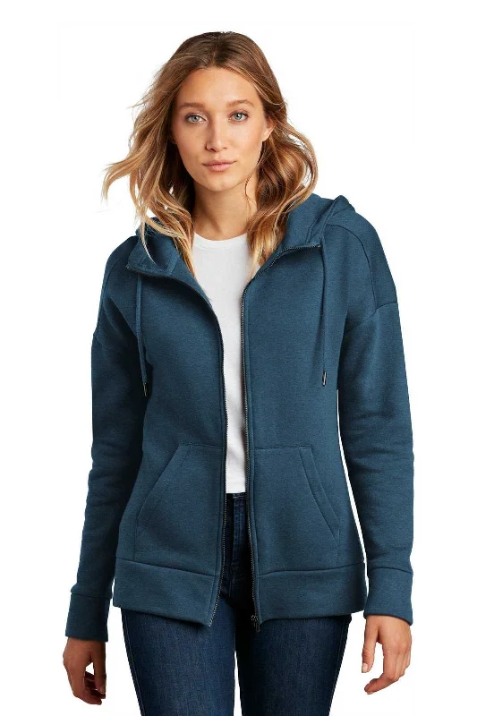 District DT1104 Womens Perfect Weight Fleece Drop Shoulder Full-Zip Hoodie - Heathered Poseidon Blue Hoodie with Drawstring Waist Adjustable Fitted District DT1104 Womens Perfect Weight Fleece Drop Shoulder Full-Zip Hoodie - Heathered Poseidon Blue Hoodie with Drawstring Waist Adjustable Fitted