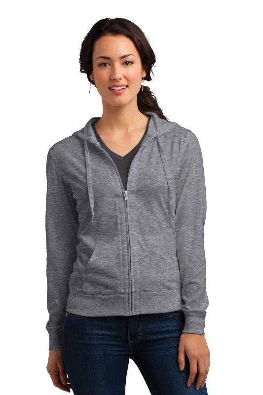 District DT2100 Women's Fitted Jersey Full-Zip Hoodie - Dark Heather Gray Hoodie with Emblem Brand Identity District DT2100 Women's Fitted Jersey Full-Zip Hoodie - Dark Heather Gray Hoodie with Emblem Brand Identity