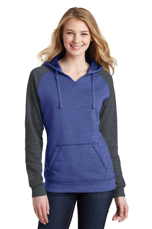 District DT296 Women's Lightweight Fleece Raglan Hoodie - Heathered Deep Royal Heathered Charcoal Hoodie with Neon Bright Vibrant District DT296 Women's Lightweight Fleece Raglan Hoodie - Heathered Deep Royal Heathered Charcoal Hoodie with Neon Bright Vibrant