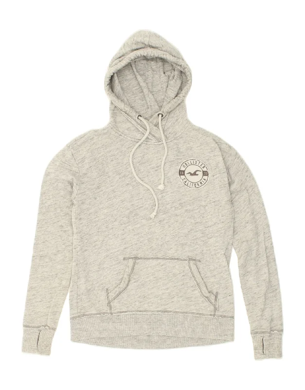 HOLLISTER Womens Graphic Hoodie Jumper UK 6 XS Grey Flecked Cotton