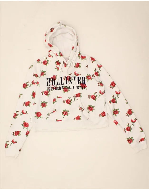 HOLLISTER Womens Oversized Crop Graphic Hoodie Jumper UK 6 XS White Floral Hoodie with Metallic Shiny Futuristic HOLLISTER Womens Oversized Crop Graphic Hoodie Jumper UK 6 XS White Floral Hoodie with Metallic Shiny Futuristic