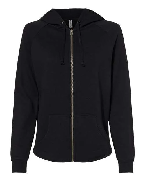 Independent Trading Co PRM2500Z Women's California Wave Wash Full-Zip Hooded Sweatshirt - Black Hoodie with Hem Applique Textured Unique Independent Trading Co PRM2500Z Women's California Wave Wash Full-Zip Hooded Sweatshirt - Black Hoodie with Hem Applique Textured Unique