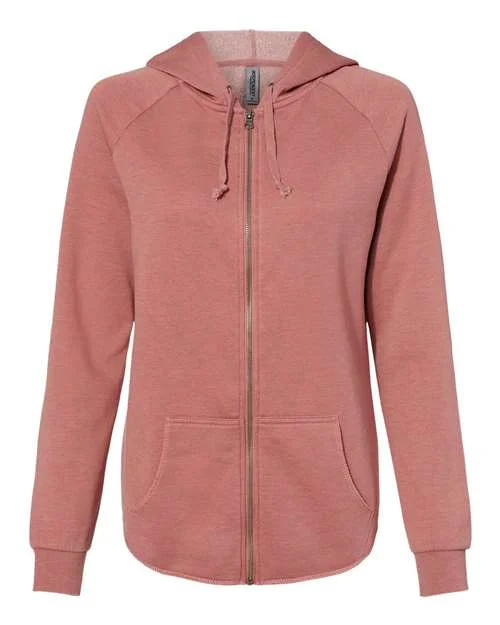 Independent Trading Co PRM2500Z Women's California Wave Wash Full-Zip Hooded Sweatshirt - Dusty Rose Hoodie with Hem Frayed Vintage Worn Independent Trading Co PRM2500Z Women's California Wave Wash Full-Zip Hooded Sweatshirt - Dusty Rose Hoodie with Hem Frayed Vintage Worn