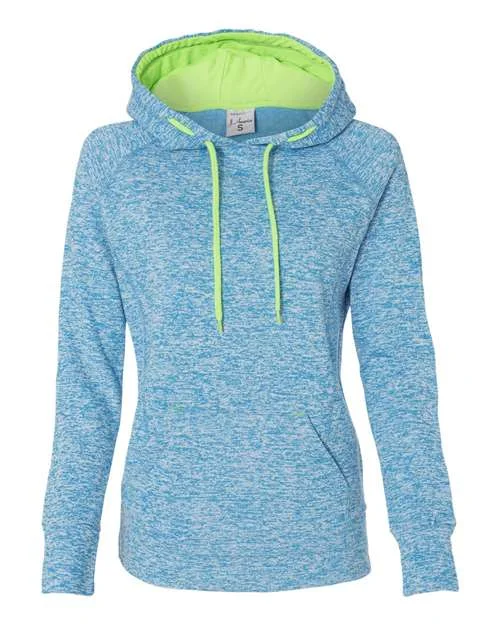 J. America 8616 Womens Cosmic Fleece Hooded Sweatshirt - Electric Blue Neon Green Hoodie with Ribbed Hem Stretchable Secure J. America 8616 Womens Cosmic Fleece Hooded Sweatshirt - Electric Blue Neon Green Hoodie with Ribbed Hem Stretchable Secure