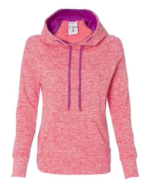 J. America 8616 Womens Cosmic Fleece Hooded Sweatshirt - Fire Coral Magenta Hoodie with Drawcord Adjustable Secure J. America 8616 Womens Cosmic Fleece Hooded Sweatshirt - Fire Coral Magenta Hoodie with Drawcord Adjustable Secure