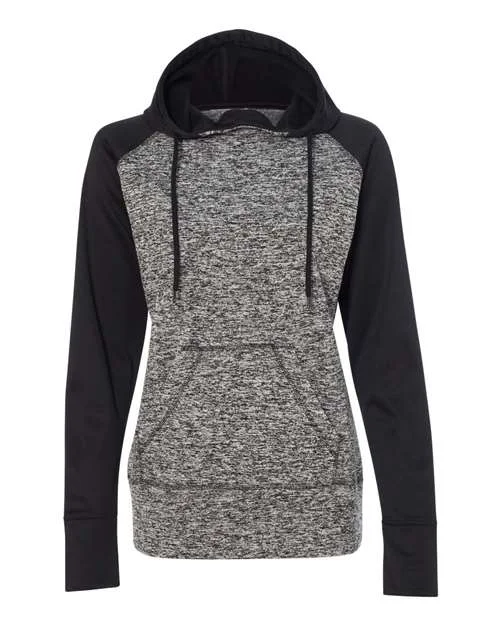 J. America 8618 Womens Colorblocked Cosmic Fleece Hooded Sweatshirt - Charcoal Fleck Black Hoodie with Pattern Geometric Abstract J. America 8618 Womens Colorblocked Cosmic Fleece Hooded Sweatshirt - Charcoal Fleck Black Hoodie with Pattern Geometric Abstract