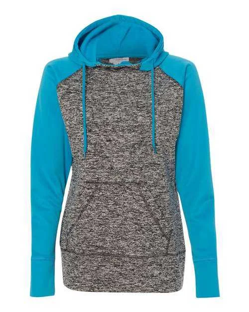 J. America 8618 Womens Colorblocked Cosmic Fleece Hooded Sweatshirt - Charcoal Fleck Electric Blue Hoodie with Stripes Bold Sporty J. America 8618 Womens Colorblocked Cosmic Fleece Hooded Sweatshirt - Charcoal Fleck Electric Blue Hoodie with Stripes Bold Sporty